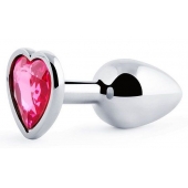 Серебристая анальная пробка с малиновым кристаллом-сердечком - 7 см. - Anal Jewelry Plug - купить с доставкой в Дзержинске