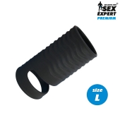 Черная открытая насадка на пенис с кольцом для мошонки L-size - 8,5 см. - Sex Expert - в Дзержинске купить с доставкой