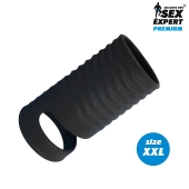Черная открытая насадка на пенис с кольцом для мошонки XXL-size - 9,4 см. - Sex Expert - в Дзержинске купить с доставкой