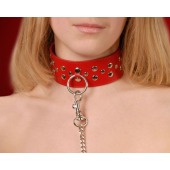 Красный кожаный ошейник с карабином и поводком - Sitabella - купить с доставкой в Дзержинске