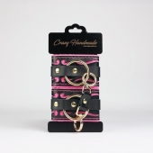 Черные кожаные наручники с розовой строчкой - Crazy Handmade - купить с доставкой в Дзержинске