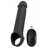 Черная вибронасадка для пениса с хомутом для мошонки и пультом ДУ Remote Controlled Penis Extension - Orion - в Дзержинске купить с доставкой