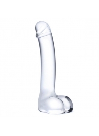 Прозрачный стеклянный фаллос с мошонкой Curved G-Spot - 18 см. - Glas