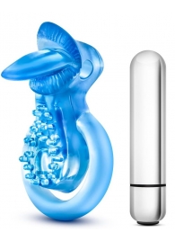 Голубое эрекционное виброкольцо 10 Function Vibrating Tongue Ring - Blush Novelties - в Дзержинске купить с доставкой