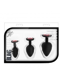 Набор черных анальных пробок с красным кристаллом-сердечком Bling Plugs Training Kit - Blush Novelties - купить с доставкой в Дзержинске