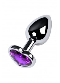 Серебристая коническая анальная пробка с фиолетовым кристаллом-сердечком - 7 см. - ToyFa - купить с доставкой в Дзержинске