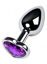 Серебристая коническая анальная пробка с фиолетовым кристаллом-сердечком - 7 см. - ToyFa - купить с доставкой в Дзержинске