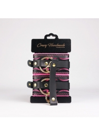 Черные кожаные оковы с розовой строчкой - Crazy Handmade - купить с доставкой в Дзержинске