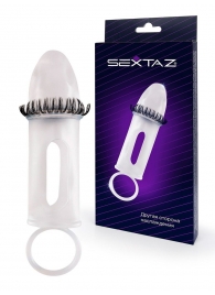 Закрытая насадка на пенис с подхватом мошонки и стимулирующими «ресничками» - Sextaz - в Дзержинске купить с доставкой