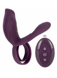 Фиолетовая насадка на член с клиторальным отростком и пультом ДУ RC Couple’s Vibrator 2 - Orion - в Дзержинске купить с доставкой