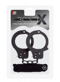 Чёрные наручники из листового металла в комплекте с веревкой BONDX METAL CUFFS LOVE ROPE SET - Dream Toys - купить с доставкой в Дзержинске