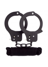 Чёрные наручники из листового металла в комплекте с веревкой BONDX METAL CUFFS LOVE ROPE SET - Dream Toys - купить с доставкой в Дзержинске