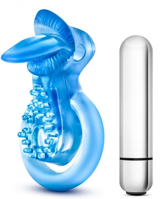 Голубое эрекционное виброкольцо 10 Function Vibrating Tongue Ring - Blush Novelties - в Дзержинске купить с доставкой