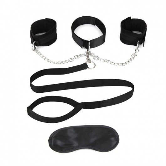 Чёрный ошейник с наручниками и поводком Collar Cuffs   Leash Set - Lux Fetish - купить с доставкой в Дзержинске