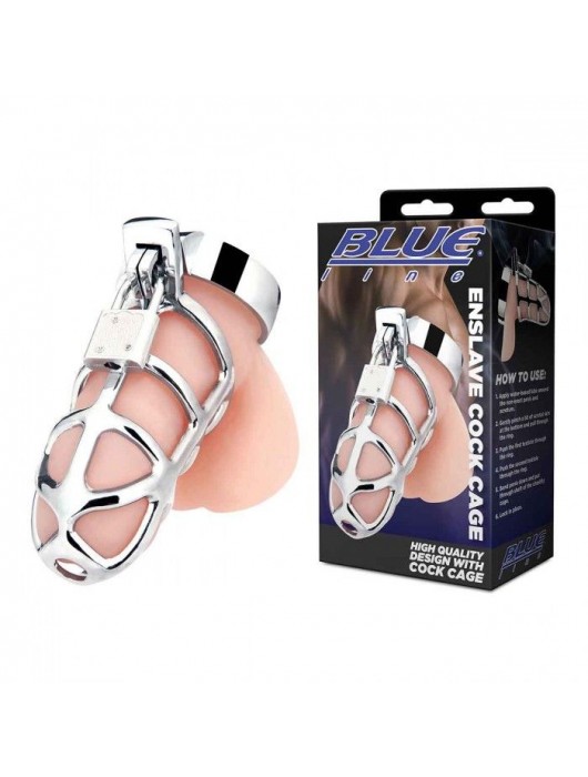 Серебристая металлическая клетка для члена с замком Enslave Cock Cage - BlueLine - купить с доставкой в Дзержинске