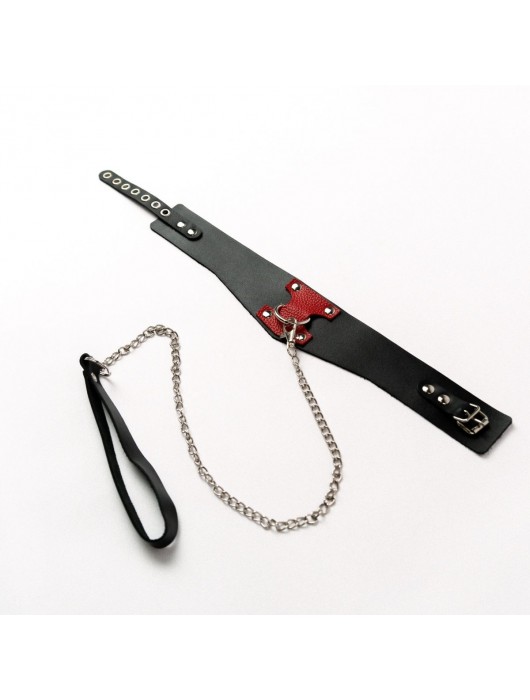 Черный широкий ошейник с красным декором и поводком - Crazy Handmade - купить с доставкой в Дзержинске