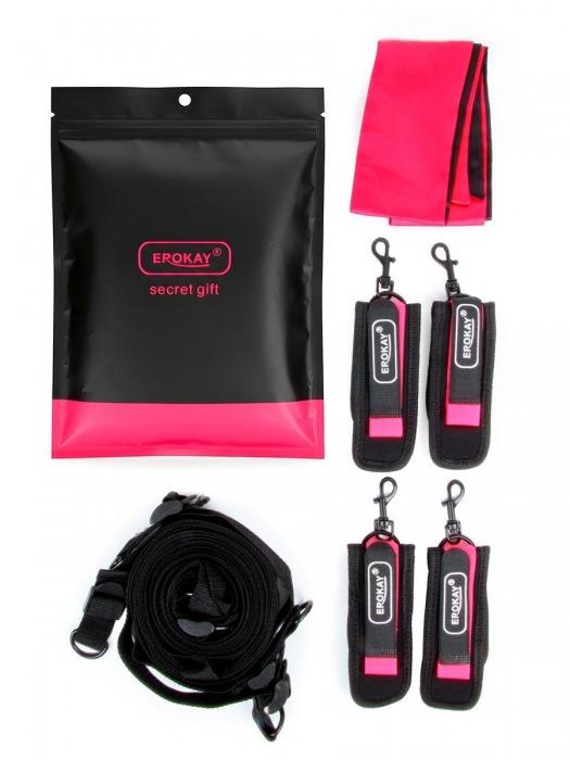 Черно-розовый эротический набор: фиксатор, оковы, наручники, повязка - Erokay - купить с доставкой в Дзержинске