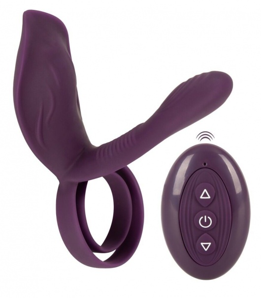 Фиолетовая насадка на член с клиторальным отростком и пультом ДУ RC Couple’s Vibrator 2 - Orion - в Дзержинске купить с доставкой